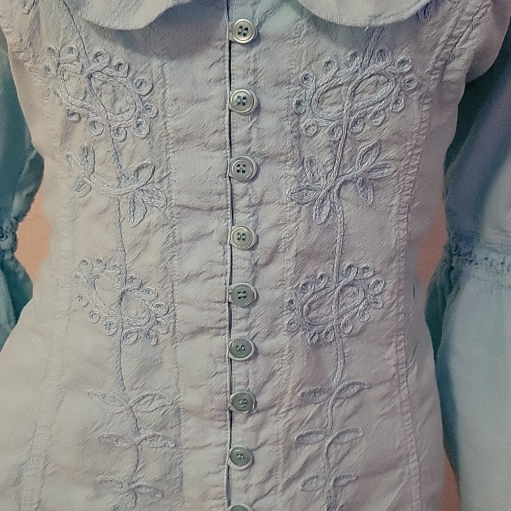 G DESIGNS Icy Blue Floral Embroidered Ruffle Bell Sleeve Button Down Shirt - Picture 4 of 10